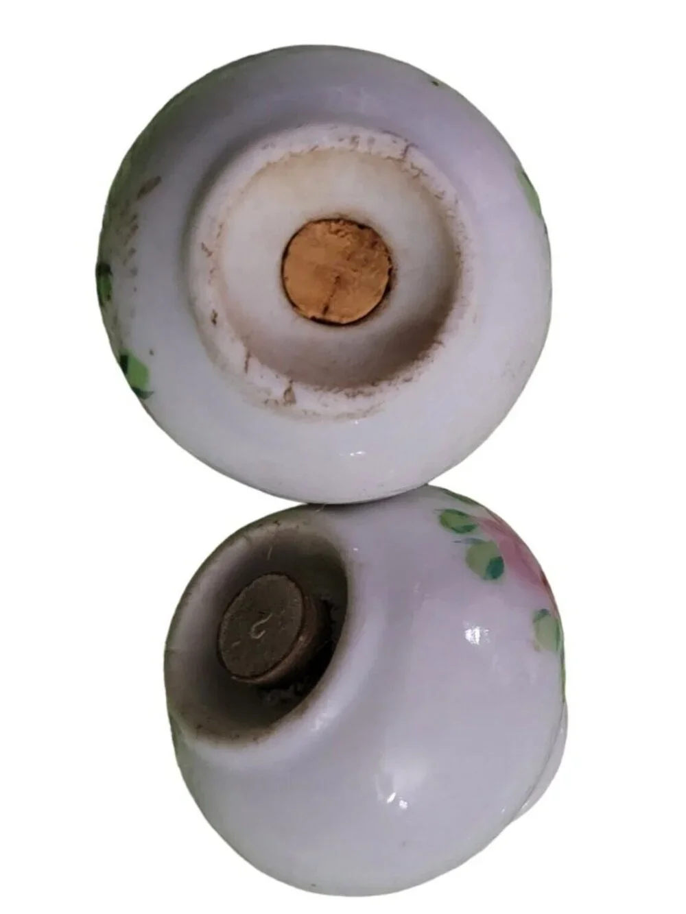 Porcelain Salt Pepper Shakers White Red Pink Roses Green Neck Banding Corks Vtg